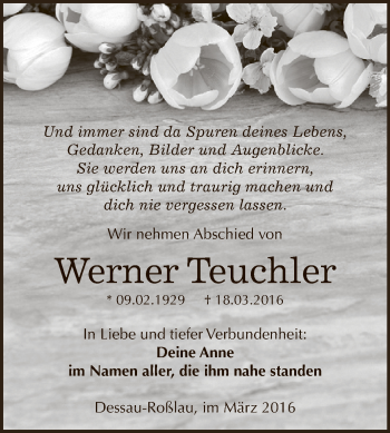Traueranzeige von Werner Teuchler von WVG - Wochenspiegel Dessau / Köthen