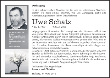 Traueranzeige von Uwe Schatz von Mitteldeutsche Zeitung Sangerhausen