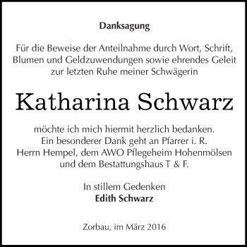 Traueranzeige von Katharina Schwarz von WVG - Wochenspiegel NMB / WSF / ZTZ