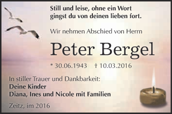 Traueranzeige von Peter Bergel von Super Sonntag Zeitz