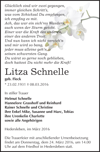 Traueranzeige von Litza Schnelle von Mitteldeutsche Zeitung Quedlinburg