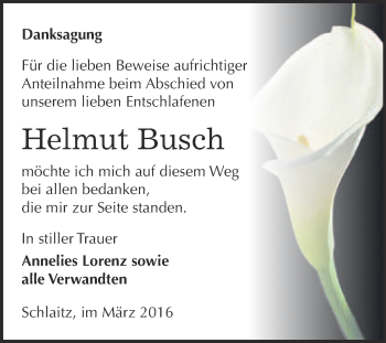 Traueranzeige von Helmut Busch von WVG - Wochenspiegel Bitterfeld