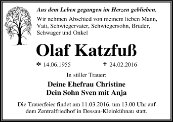 Traueranzeige von Olaf Katzfuß von Mitteldeutsche Zeitung Dessau-Roßlau