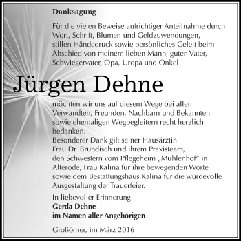 Traueranzeige von Jürgen Dehne von Wochenspiegel Mansfelder Land