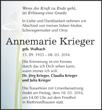 Traueranzeige von Annemarie Krieger von Mitteldeutsche Zeitung Sangerhausen