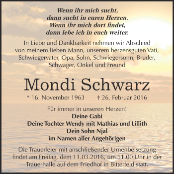 Traueranzeige von Mondi Schwarz von WVG - Wochenspiegel Bitterfeld