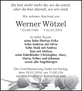 Traueranzeige von Werner Wötzel von Super Sonntag Zeitz