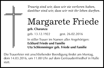 Traueranzeige von Margarete Friede von Mitteldeutsche Zeitung Halle/Saalkreis