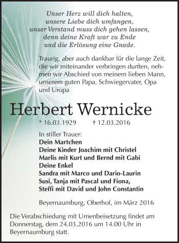 Traueranzeige von Herbert Wernicke von Mitteldeutsche Zeitung Sangerhausen