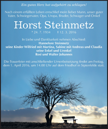 Traueranzeige von Horst Steinmetz von Mitteldeutsche Zeitung Quedlinburg