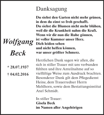 Traueranzeige von Wolfgang Beck von WVG - Wochenspiegel NMB / WSF / ZTZ