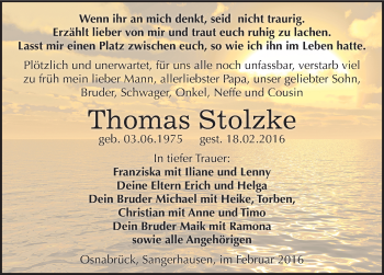 Traueranzeige von Thomas Stolzke von Mitteldeutsche Zeitung Sangerhausen