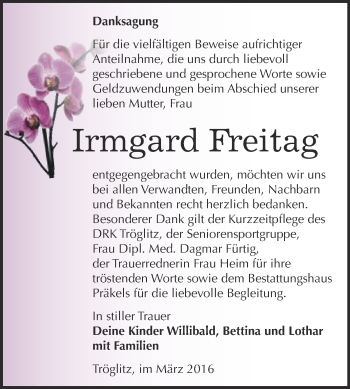 Traueranzeige von Irmgard Freitag von Super Sonntag Zeitz