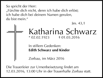Traueranzeige von Katharina Schwarz von Mitteldeutsche Zeitung Weißenfels