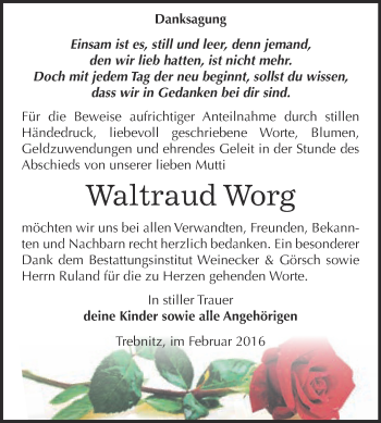 Traueranzeige von Waltraud Worg von Super Sonntag Bernburg