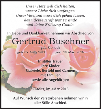 Traueranzeige von Gertrud Buschner von Mitteldeutsche Zeitung Zeitz
