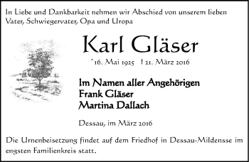 Traueranzeige von Karl Gläser von Mitteldeutsche Zeitung Dessau-Roßlau