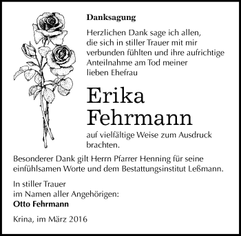 Traueranzeige von Erika Fehrmann von Mitteldeutsche Zeitung Bitterfeld