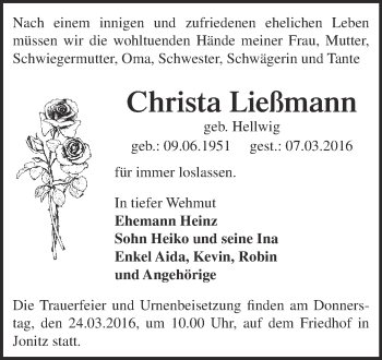 Traueranzeige von Christa Ließmann von WVG - Wochenspiegel Dessau / Köthen