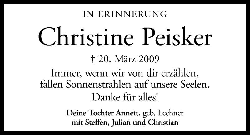  Traueranzeige für Christine Peisker vom 19.03.2016 aus Mitteldeutsche Zeitung Naumburg/Nebra