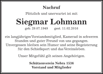 Traueranzeige von Siegmar Lohmann von WVG - Wochenspiegel NMB / WSF / ZTZ