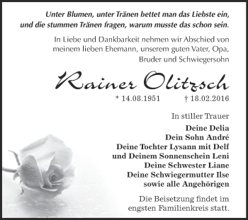 Traueranzeige von Rainer Olitzsch von WVG - Wochenspiegel Dessau / Köthen