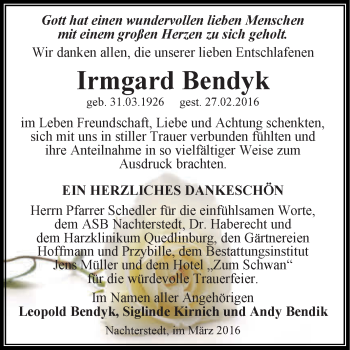 Traueranzeige von Irmgard Bendyk von Super Sonntag Aschersleben