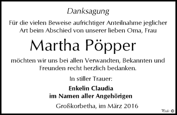 Traueranzeige von Martha Pöpper von Mitteldeutsche Zeitung Weißenfels