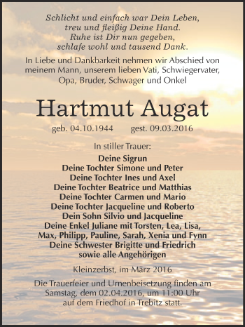 Traueranzeige von Hartmut Augat von WVG - Wochenspiegel Wittenberg
