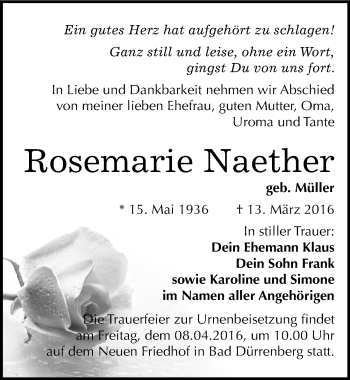 Traueranzeige von Rosemarie Naether von Mitteldeutsche Zeitung Merseburg/Querfurt