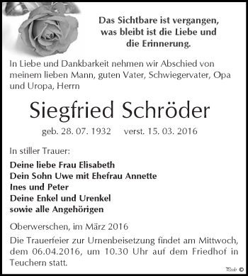 Traueranzeige von Siegfried Schröder von WVG - Wochenspiegel NMB / WSF / ZTZ
