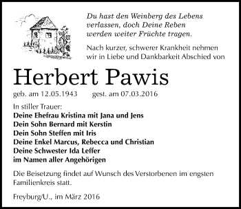 Traueranzeige von Herbert Pawis von Mitteldeutsche Zeitung Naumburg/Nebra