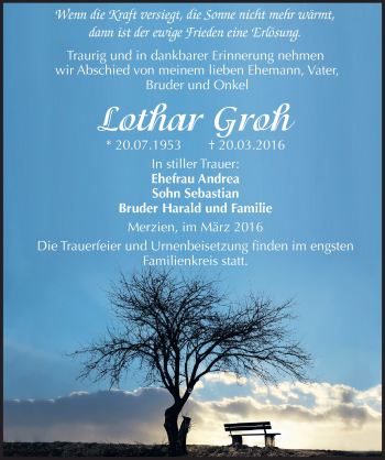 Traueranzeige von Lothar Groh von Mitteldeutsche Zeitung Köthen
