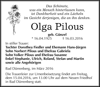 Traueranzeige von Olga Pilous von Mitteldeutsche Zeitung Merseburg/Querfurt