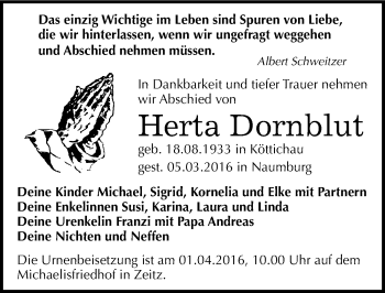 Traueranzeige von Herta Dornblut von Mitteldeutsche Zeitung Zeitz