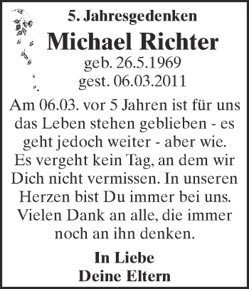 Traueranzeige von Michael Richter von WVG - Wochenspiegel Dessau / Köthen