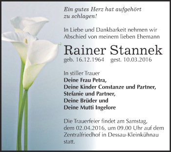 Traueranzeige von Rainer Stannek von WVG - Wochenspiegel Dessau / Köthen