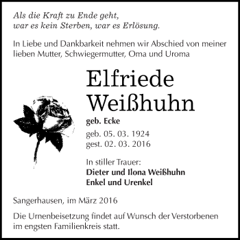 Traueranzeige von Elfriede Weißhuhn von Super Sonntag SGH Mansf. Land
