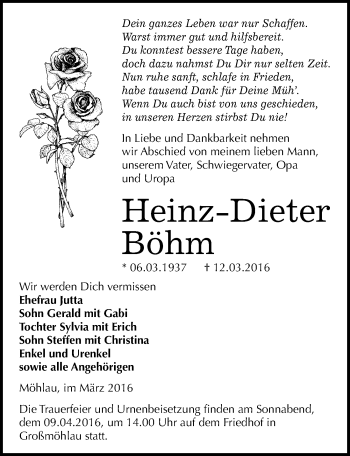 Traueranzeige von Heinz-Dieter Böhm von Mitteldeutsche Zeitung Wittenberg
