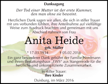 Traueranzeige von Anita Heide von Super Sonntag SGH Mansf. Land