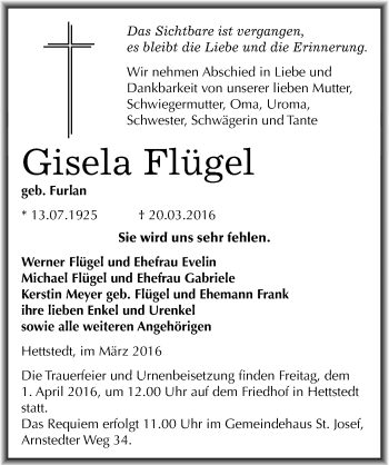 Traueranzeige von Gisela Flügel von Mitteldeutsche Zeitung Mansfelder Land