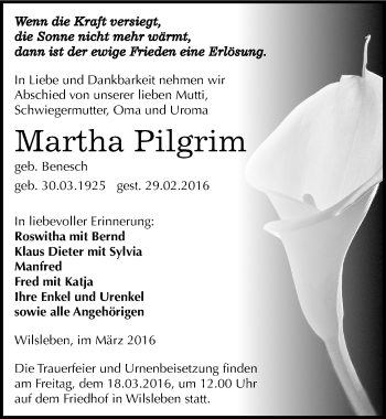 Traueranzeige von Martha Pilgrim von Mitteldeutsche Zeitung Aschersleben