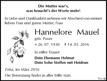 Traueranzeige von Hannelore Mauel von Mitteldeutsche Zeitung Zeitz
