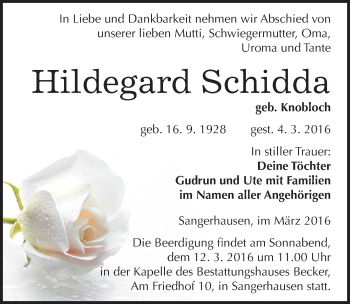 Traueranzeige von Hildegard Schidda von Mitteldeutsche Zeitung Sangerhausen