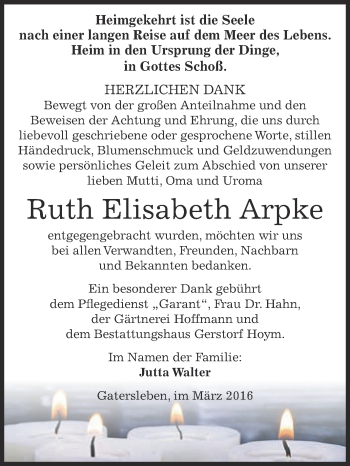 Traueranzeige von Ruth Elisabeth Arpke von Super Sonntag Aschersleben