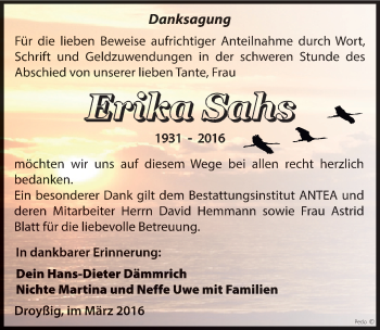 Traueranzeige von Erika Sahs von Mitteldeutsche Zeitung Zeitz