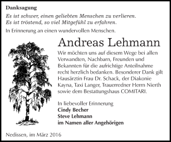 Traueranzeige von Andreas Lehmann von Super Sonntag Zeitz