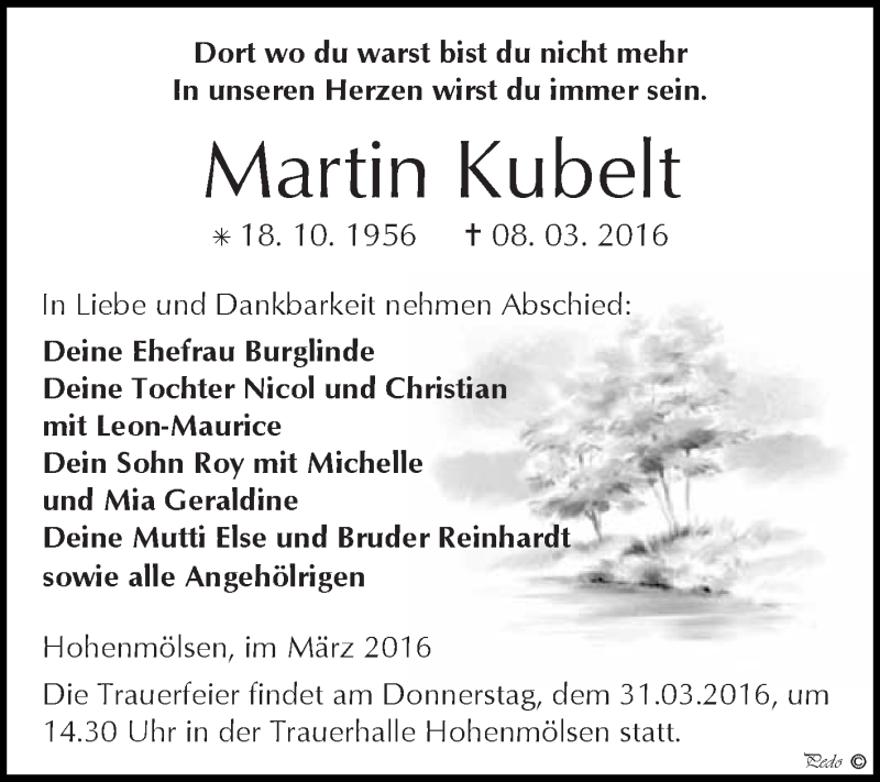  Traueranzeige für Martin Kubelt vom 16.03.2016 aus WVG - Wochenspiegel NMB / WSF / ZTZ