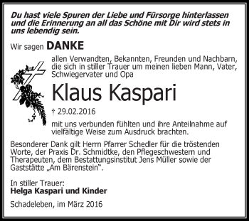Traueranzeige von Klaus Kaspari von Super Sonntag Aschersleben