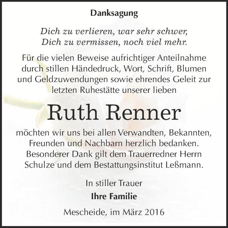  Traueranzeige für Ruth Renner vom 05.03.2016 aus WVG - Wochenspiegel Wittenberg